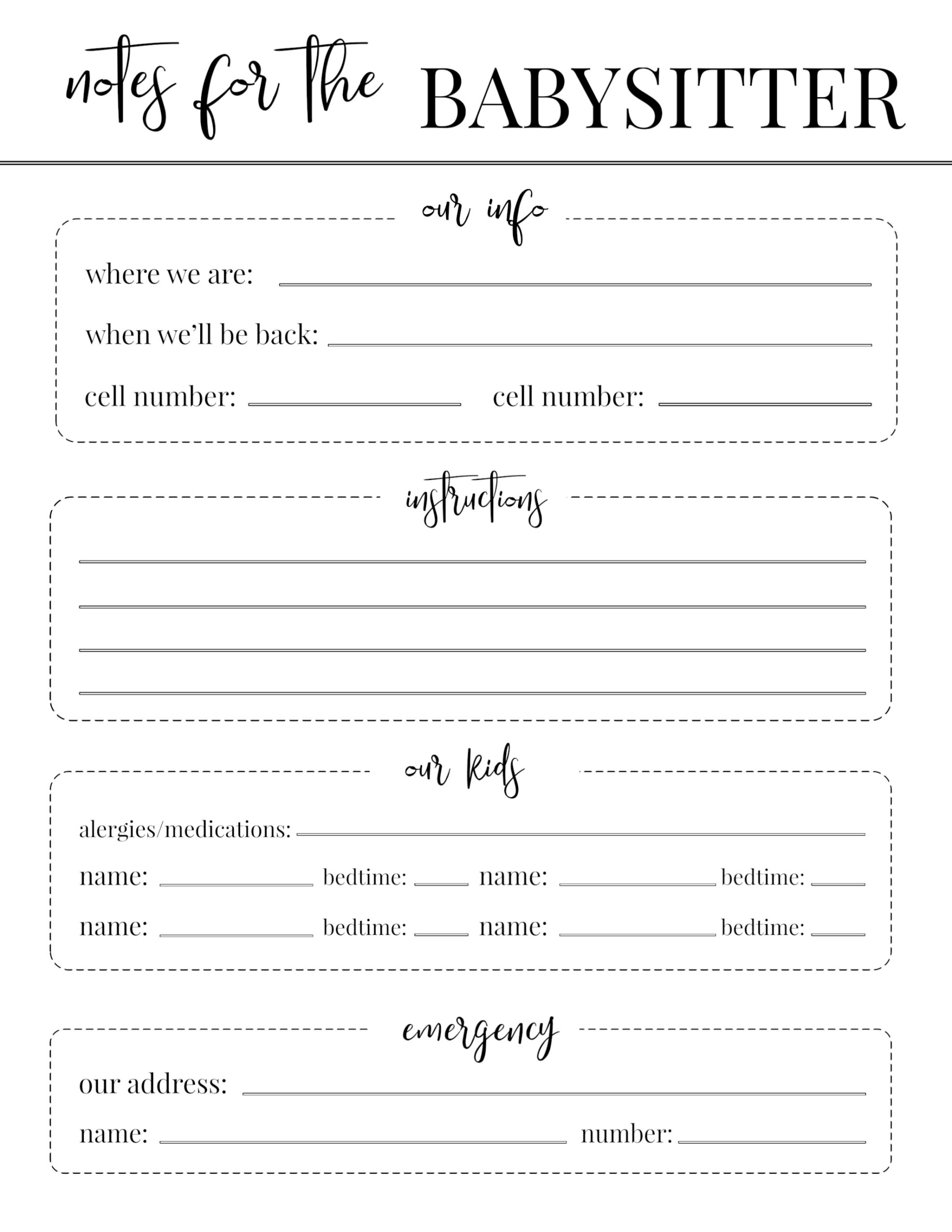 Free Printable Babysitter Notes Template - Paper Trail Design with regard to Free Babysitting Printables
