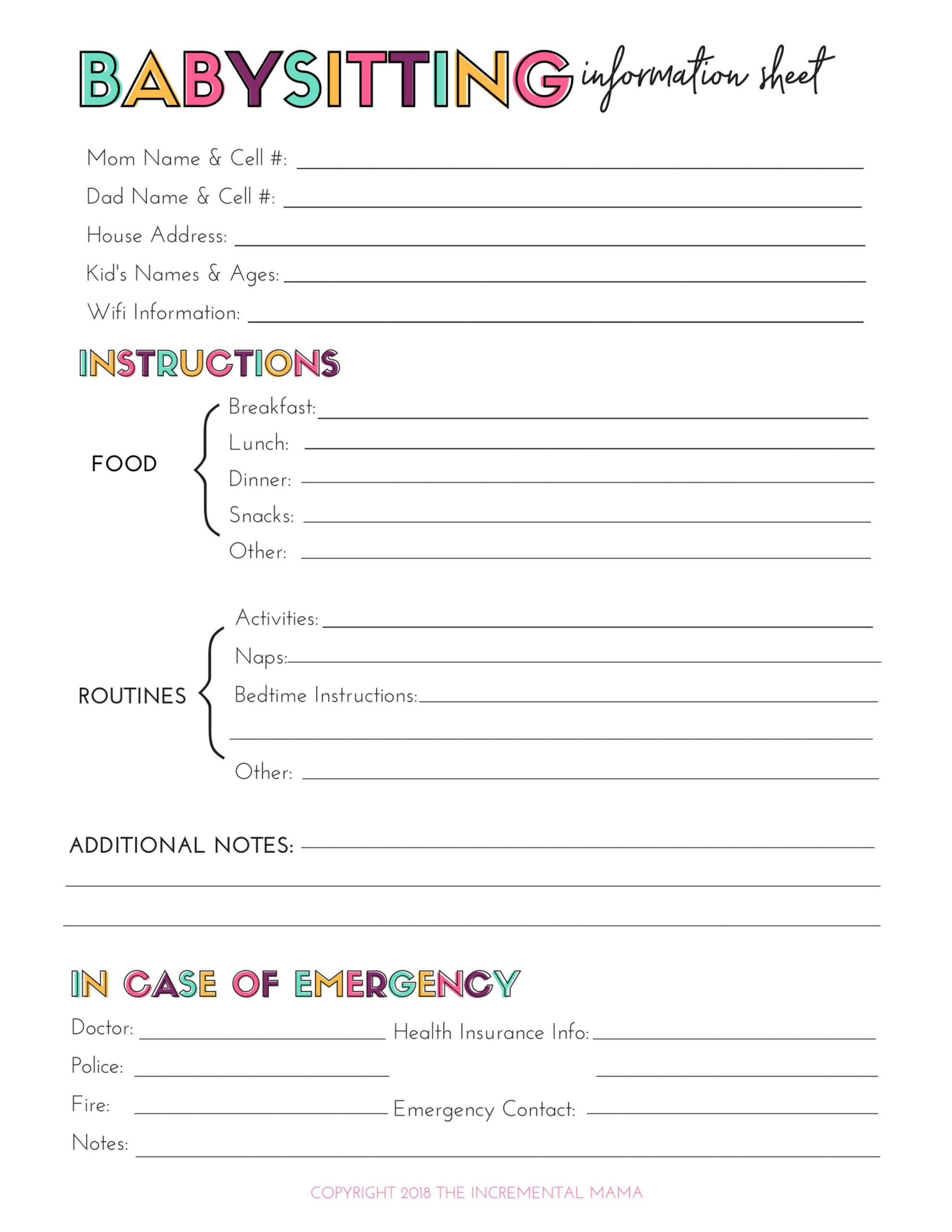 Free Printable Babysitting Information Sheet regarding Free Babysitting Printables