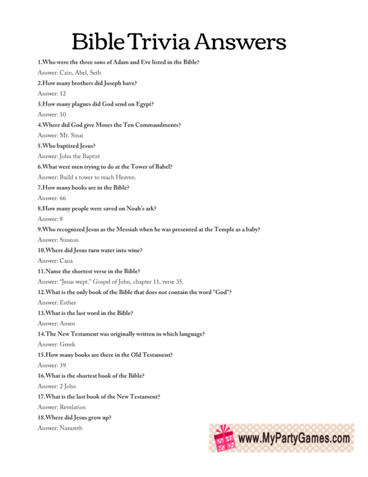 Free Printable Bible Trivia Questions