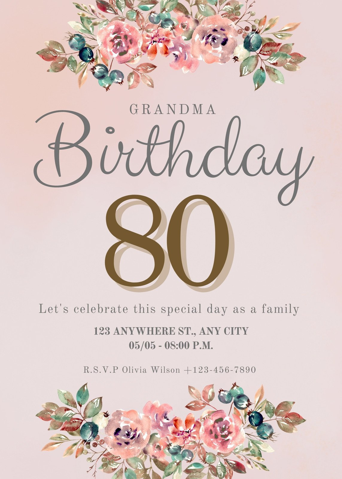 Free, Printable Custom 80Th Birthday Invitation Templates | Canva inside Free 80Th Birthday Printables