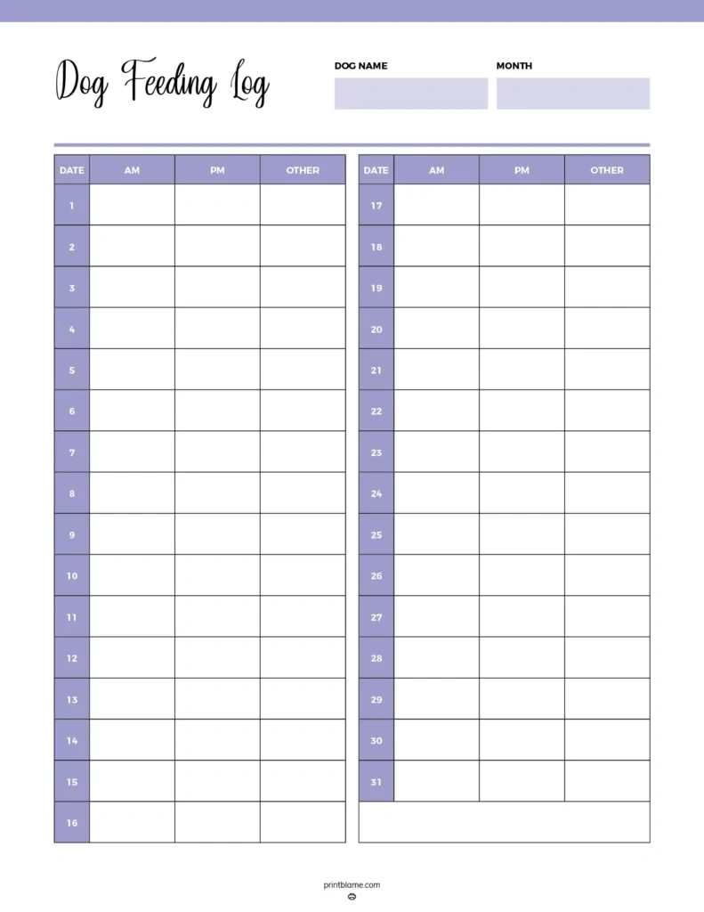 Free Printable Dog Feeding Charts - 16 Dog Food Tracker Pdfs intended for Free Printable Dog Feeding Chart