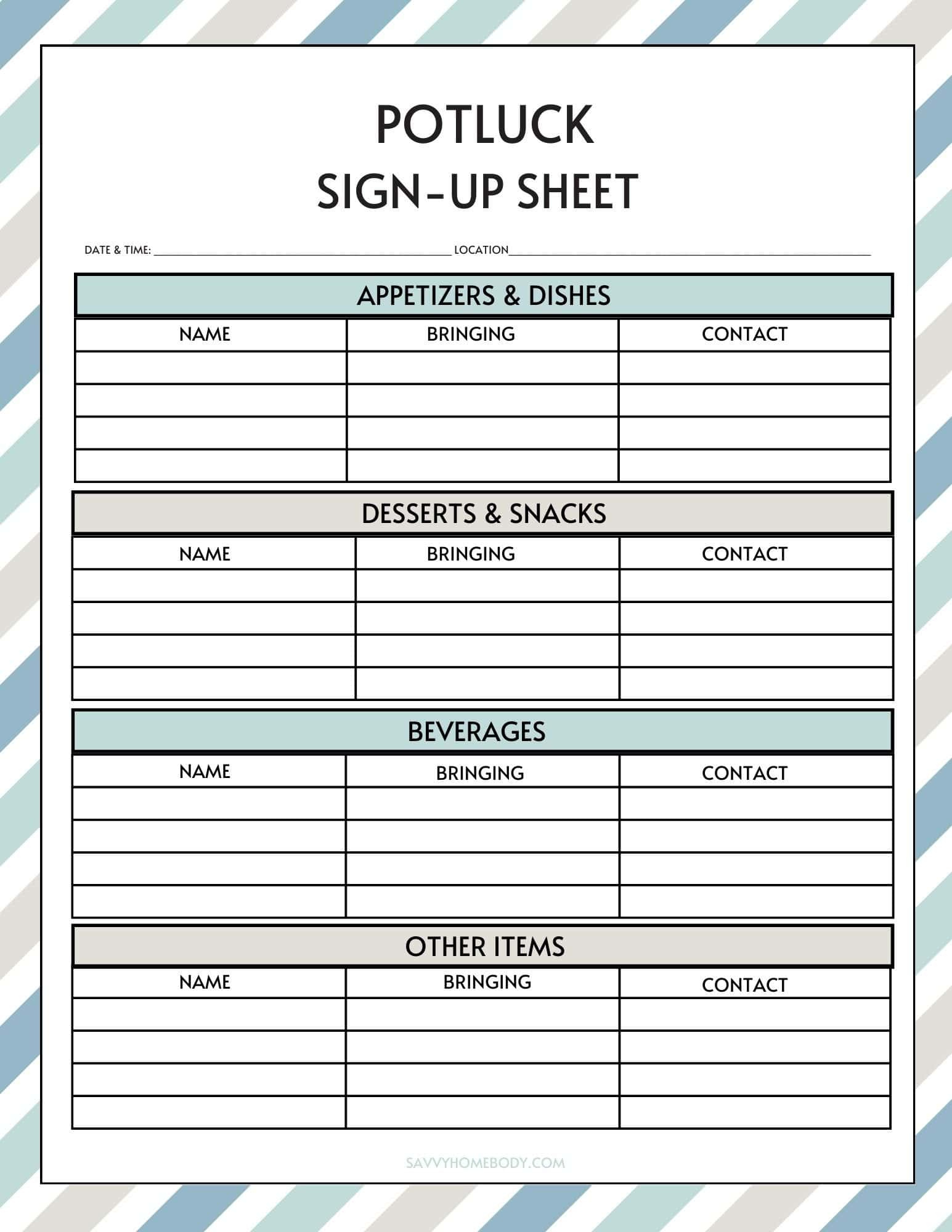 Free Printable Potluck Sign Up Sheets throughout Free Potluck Template