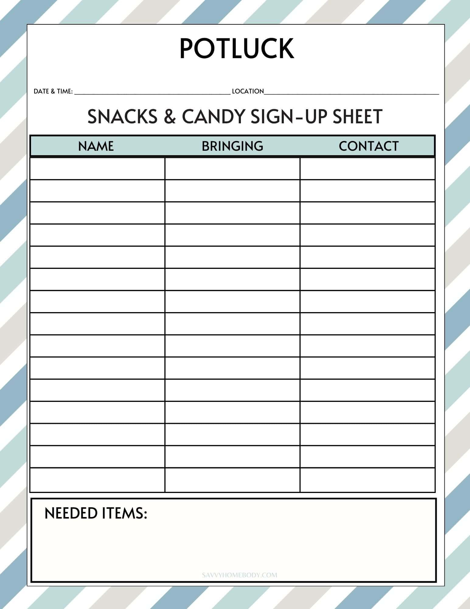 Free Printable Potluck Sign Up Sheets with regard to Free Printable Snack Sign Up Sheet