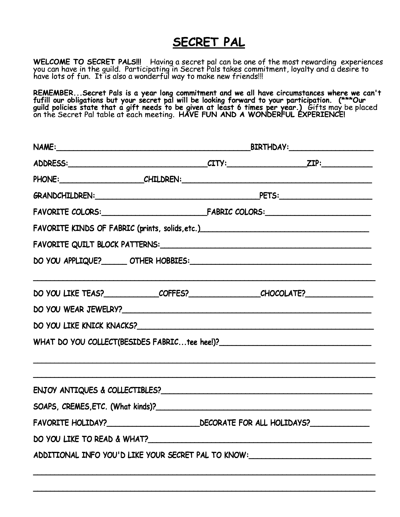 Free Printable Secret Sister Questionnaire - Printable Party Favors intended for Free Printable Secret Pal Form