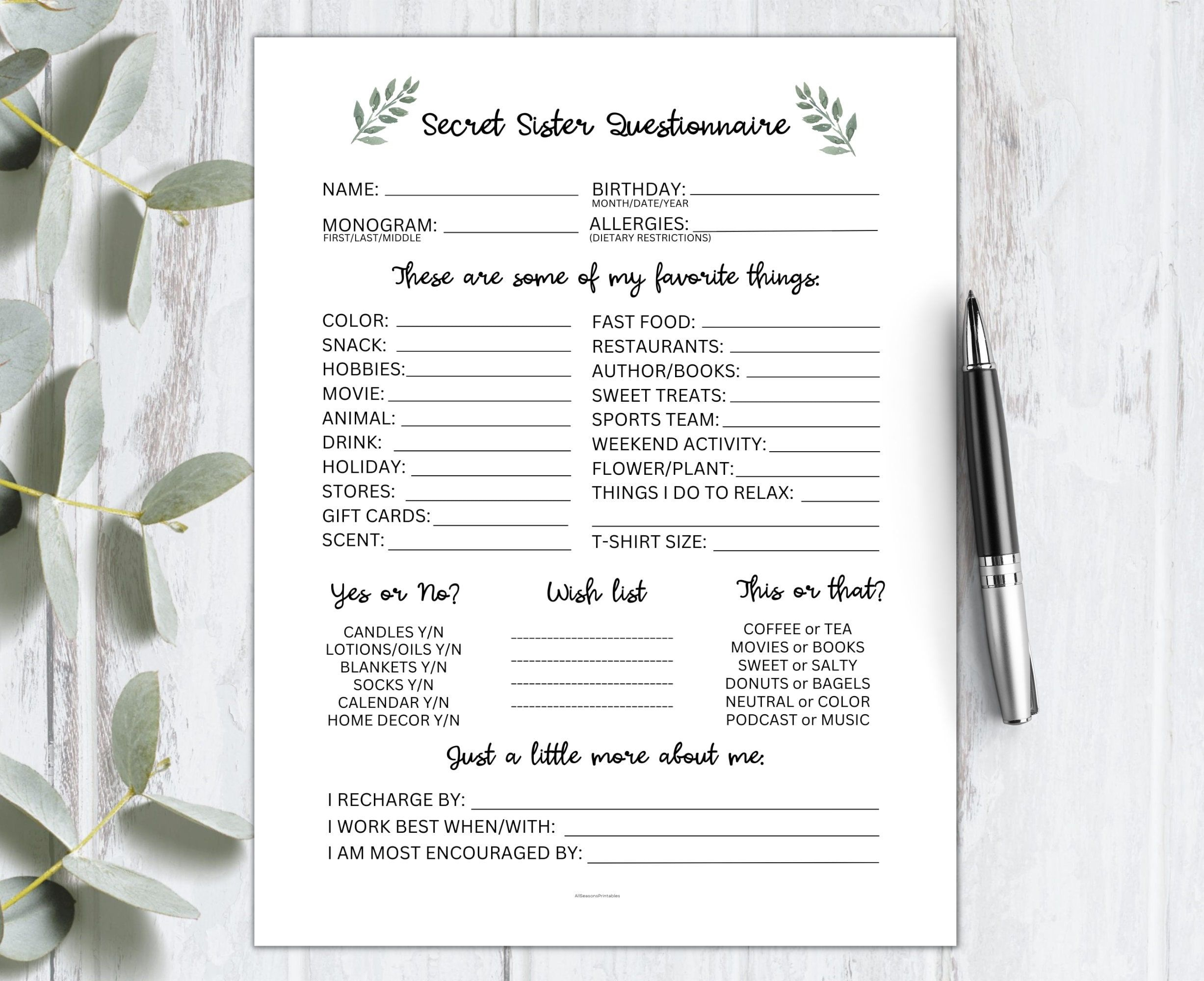 Free Printable Secret Sister Questionnaire - Printable Party Favors with regard to Free Printable Secret Sister Questionnaire