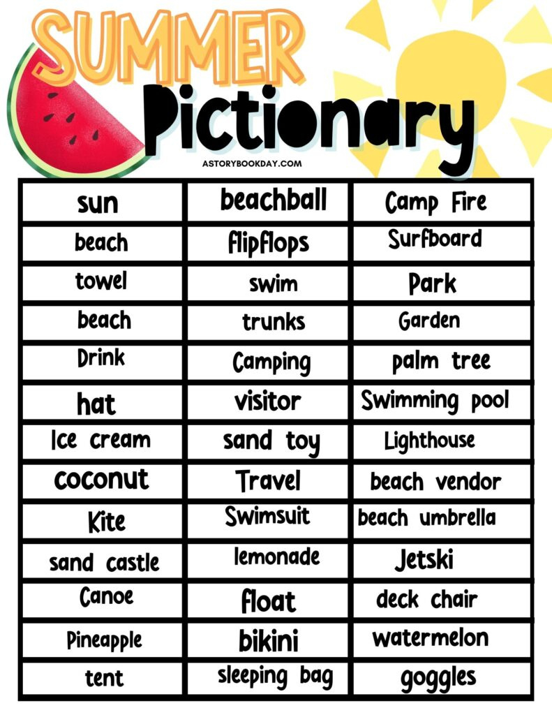Free Printable Summer Pictionary Game throughout Free Printable Pictionary Word List