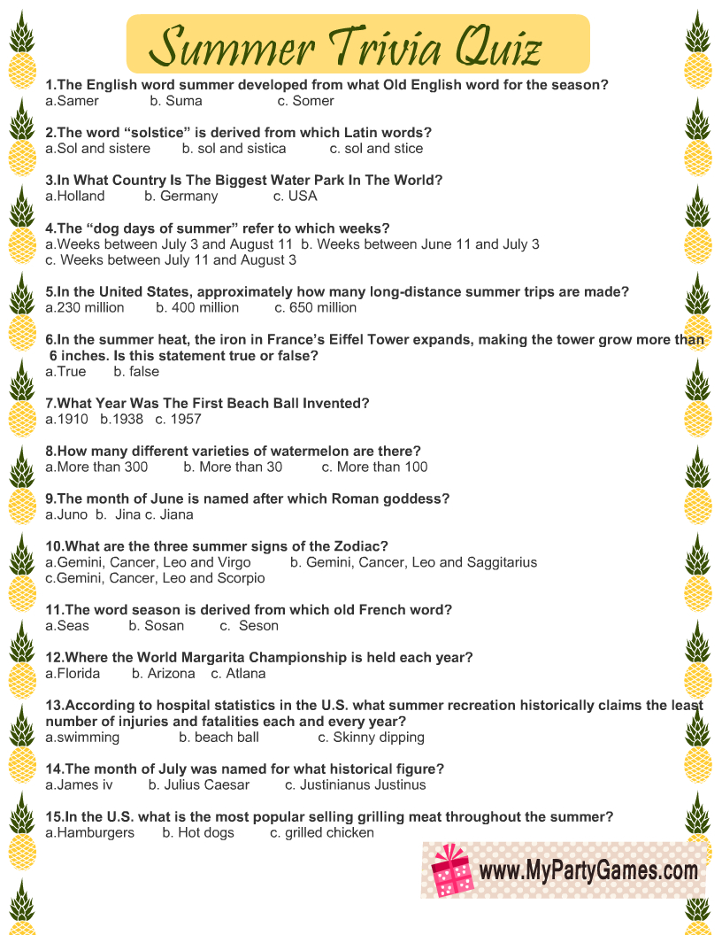 Free Printable Summer Trivia Quiz within Free Printable Trivia Questions and Answers For Seniors