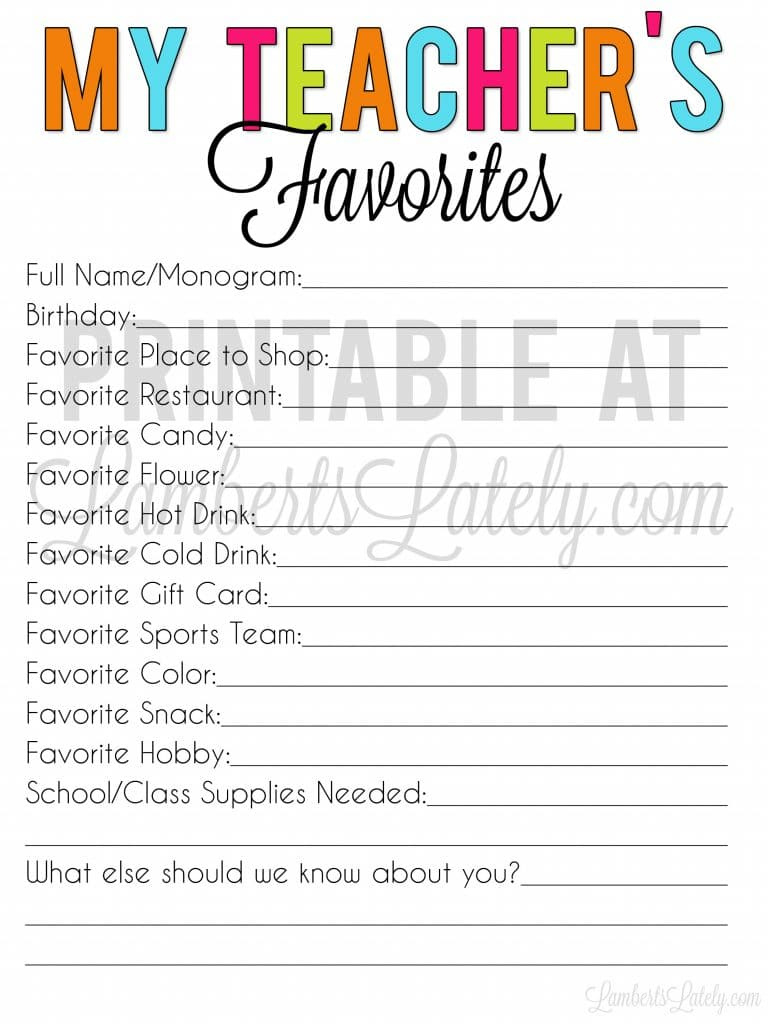 Free Printable Teacher Favorite Things Form | Lamberts Lately inside Teacher Favorite Things Template Editable Free