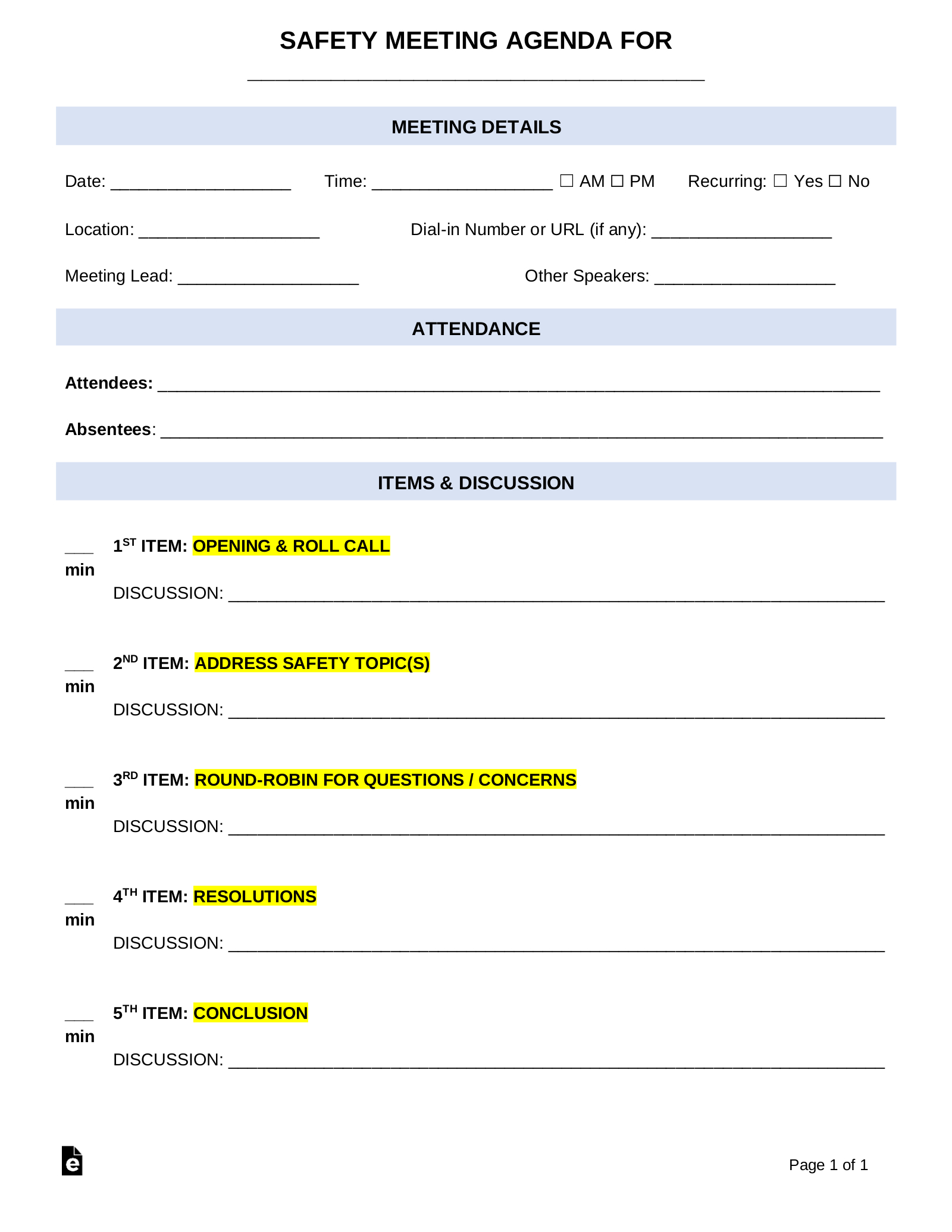 Free Safety Meeting Agenda Template - Pdf | Word – Eforms pertaining to Free Printable Safety Meeting Sheets