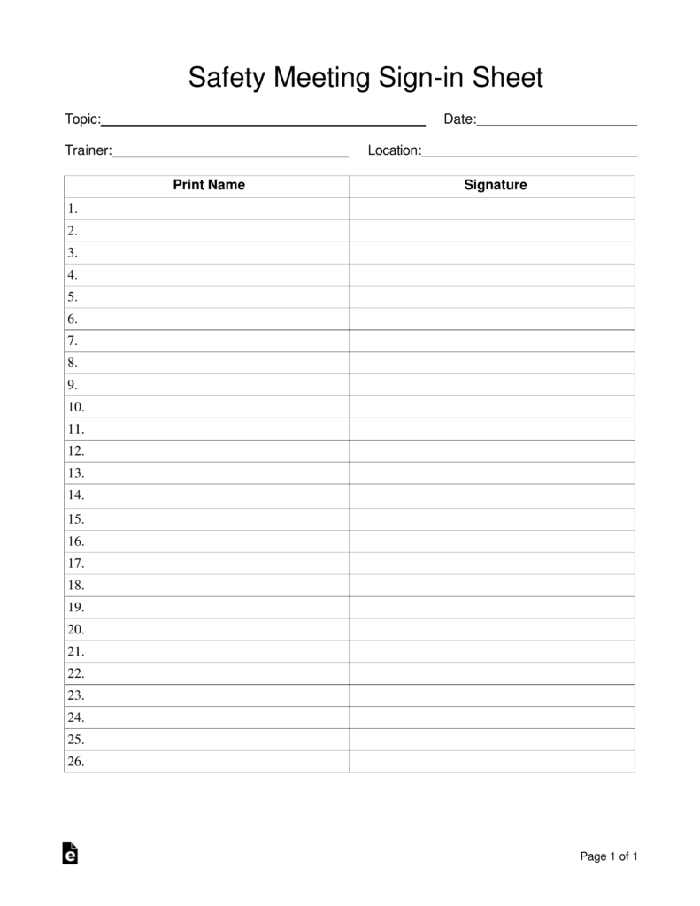 Free Safety Meeting Sign-In Sheet Template - Pdf | Word – Eforms with Free Printable Safety Meeting Sheets