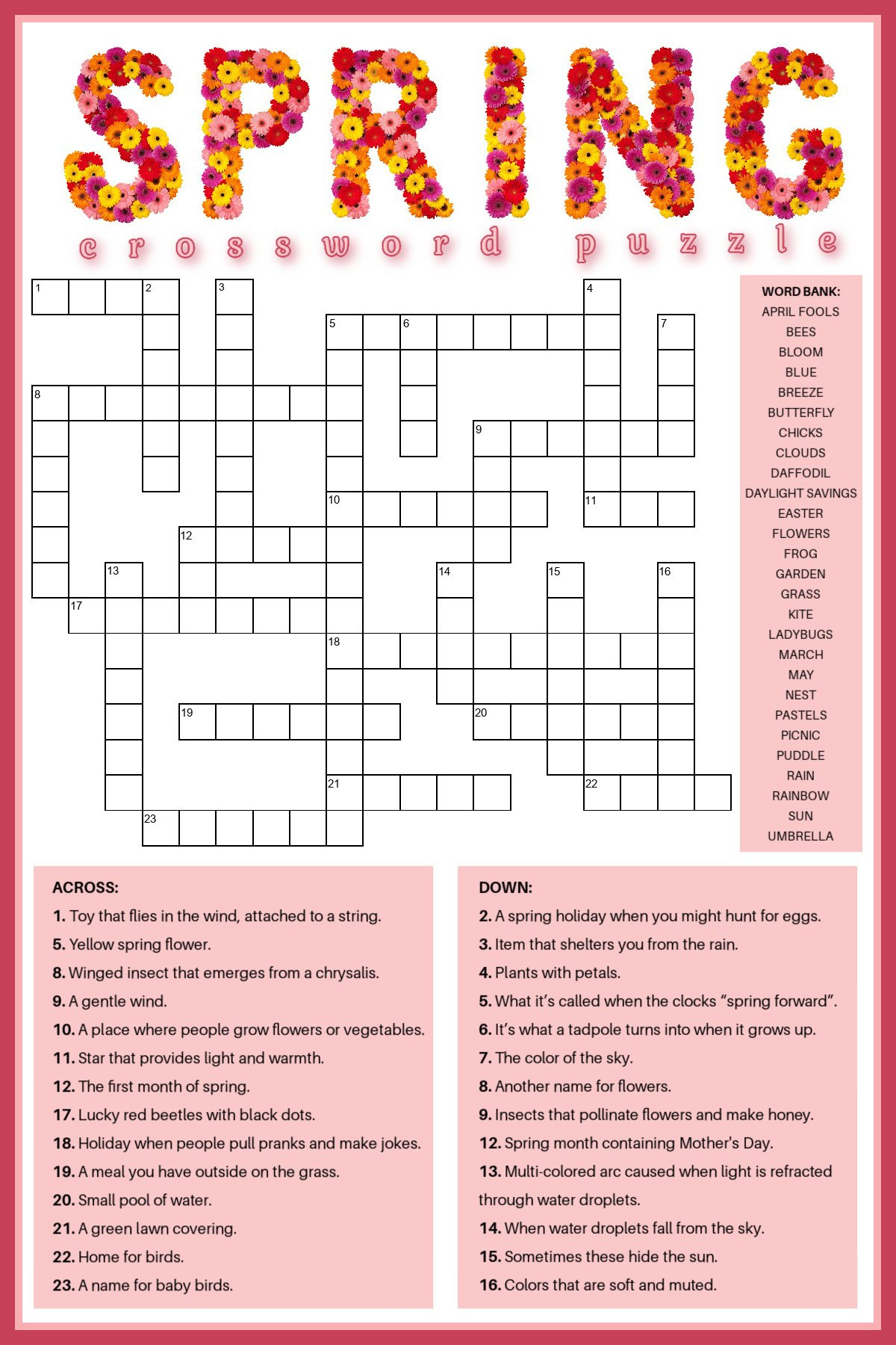 Free Spring Crossword Puzzle Printable - Answer Key Included intended for Free Printable Crosswords For Beginners