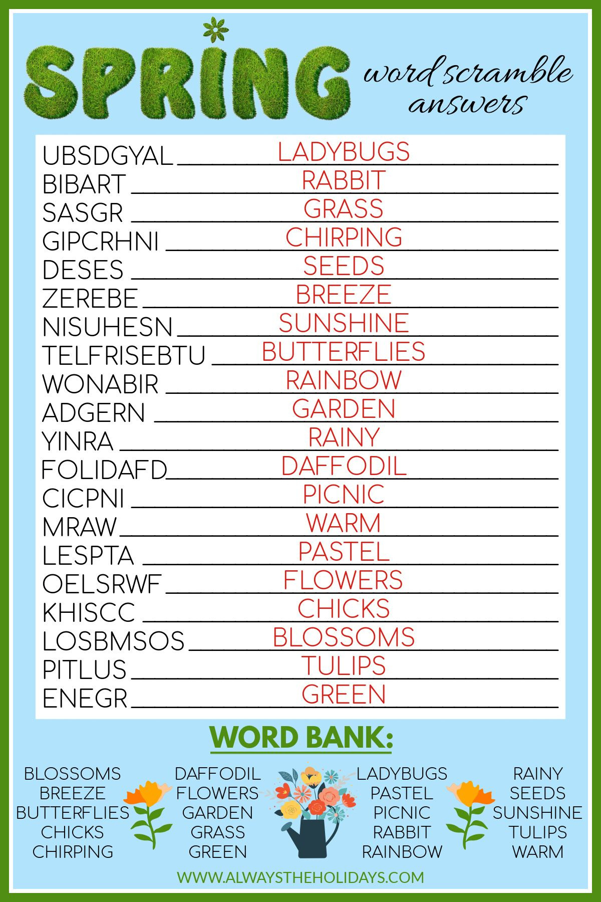 Free Spring Printable - Spring Word Scramble With Answers for Free Printable Word Jumbles