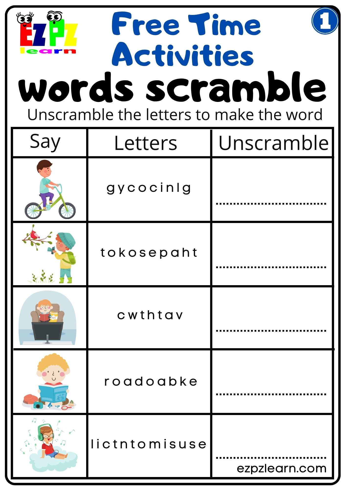 Free Time Activities Easy Word Scramble Worksheet Activity For intended for Free Printable ESL Games