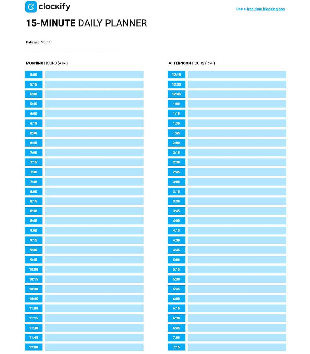 Free Time Blocking Templates (9 Printable Downloads) within Free Printable Weekly Planner 15 Minute Intervals