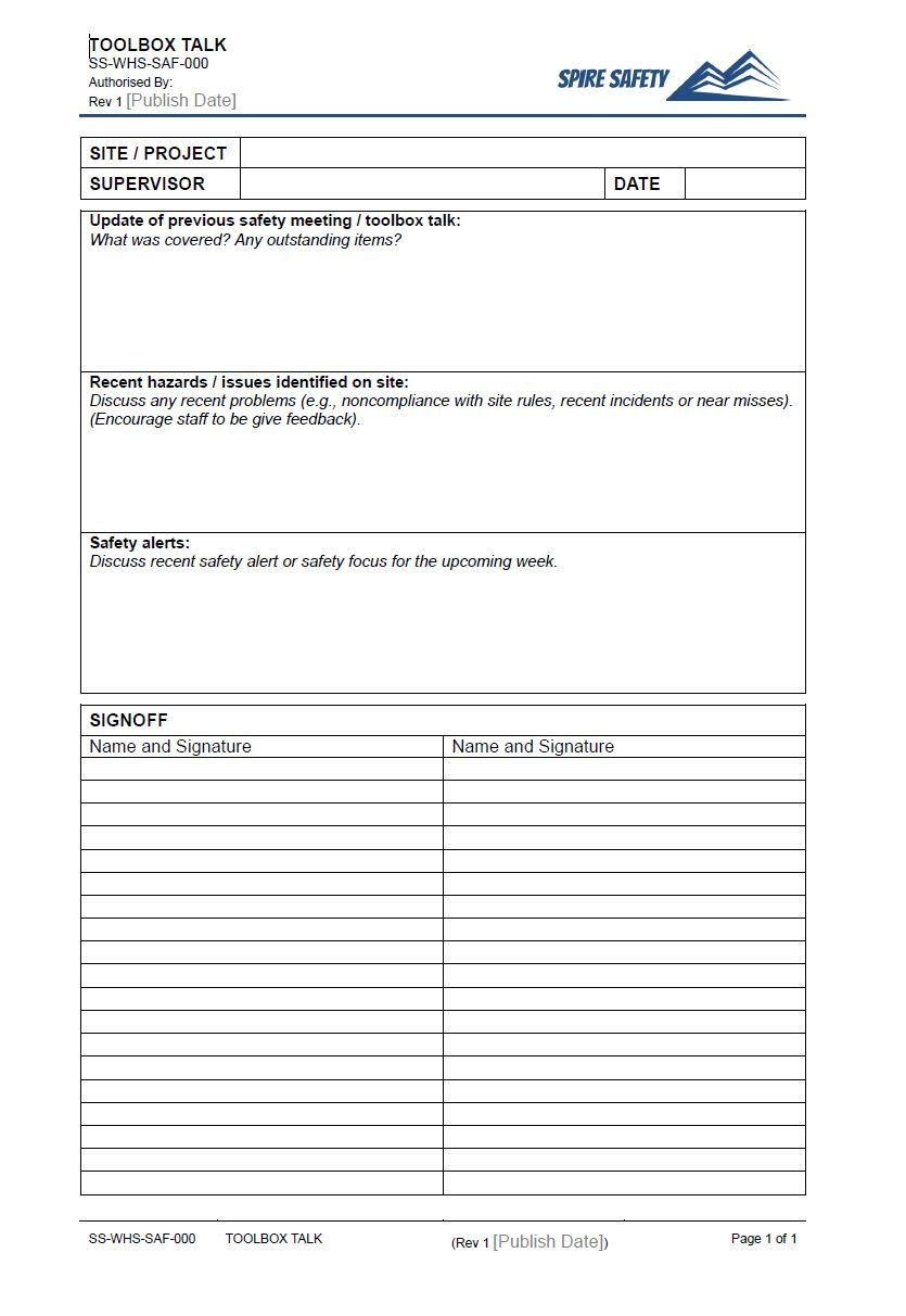 Free Toolbox Talk Template - Spire Safety Consultants intended for Free Printable Safety Meeting Sheets