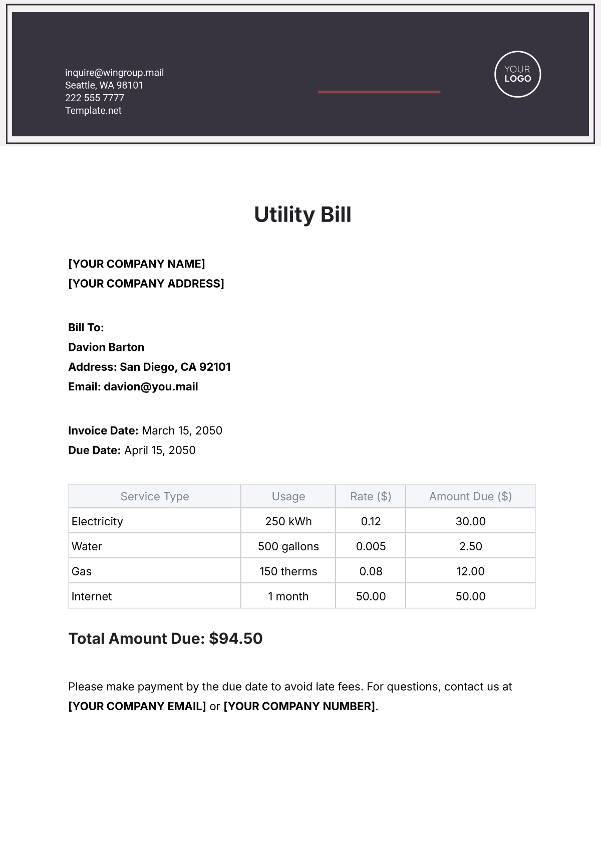 Free Utility Bill Template To Edit Online within Free Utility Bill Template