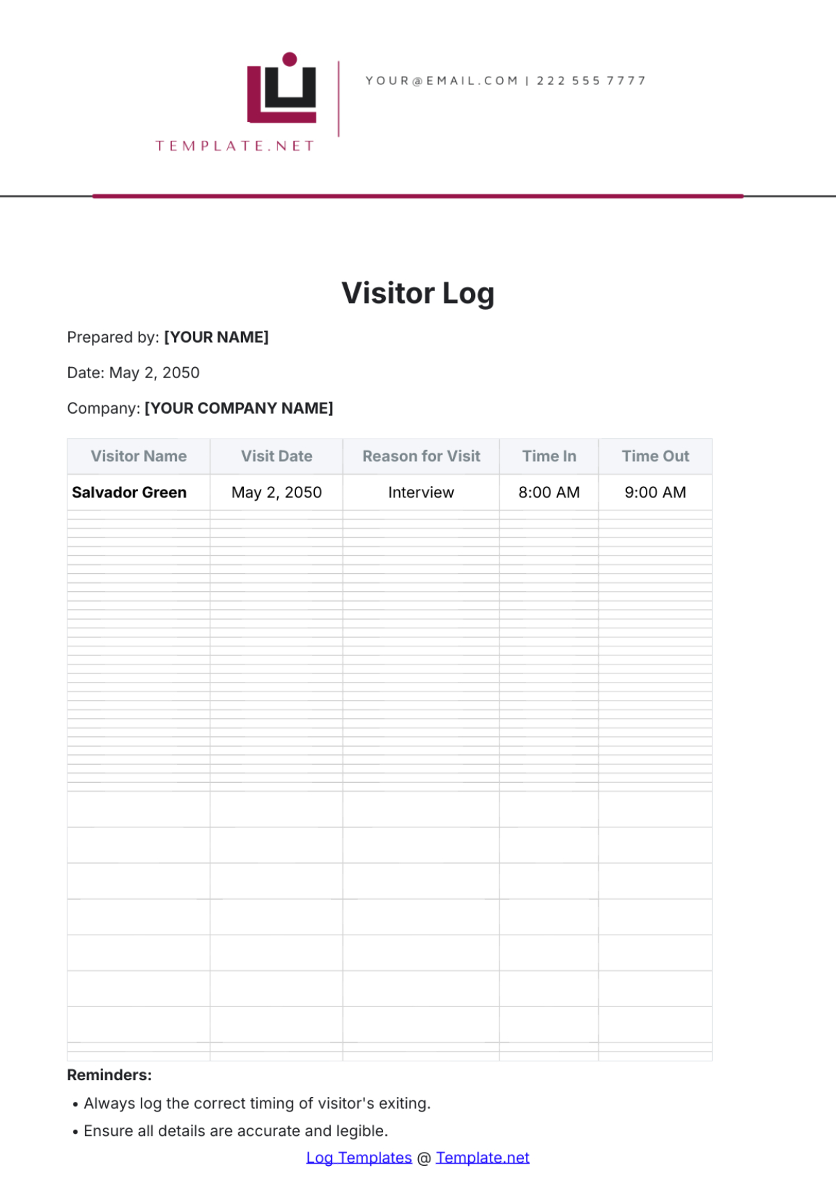 Free Visitor Log Template To Edit Online for Free Visitor Log Template