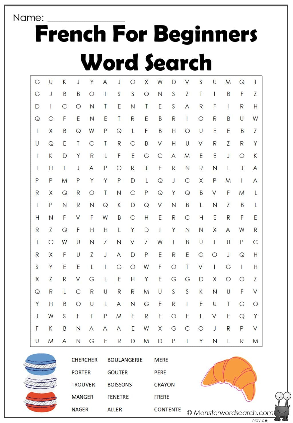 French For Beginners Word Search - Monster Word Search within French Word Searches Free Printable