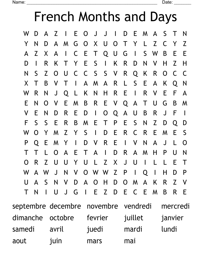 French Months And Days Word Search - Wordmint pertaining to French Word Searches Free Printable