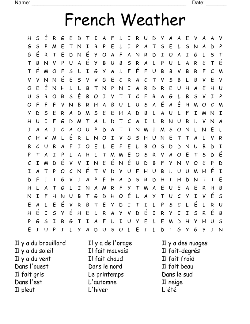 French Weather Word Search - Wordmint with regard to French Word Searches Free Printable