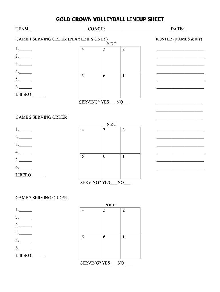 Gold Crown Volleyball Lineup Sheet Form - Fill Online, Printable inside Free Printable Volleyball Lineup Sheet