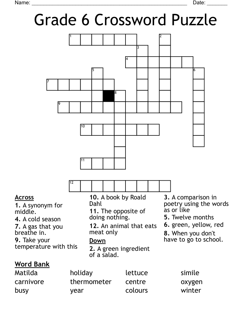 Grade 6 Crossword Puzzle - Wordmint within Free Printable Crossword Puzzles For 6Th Graders