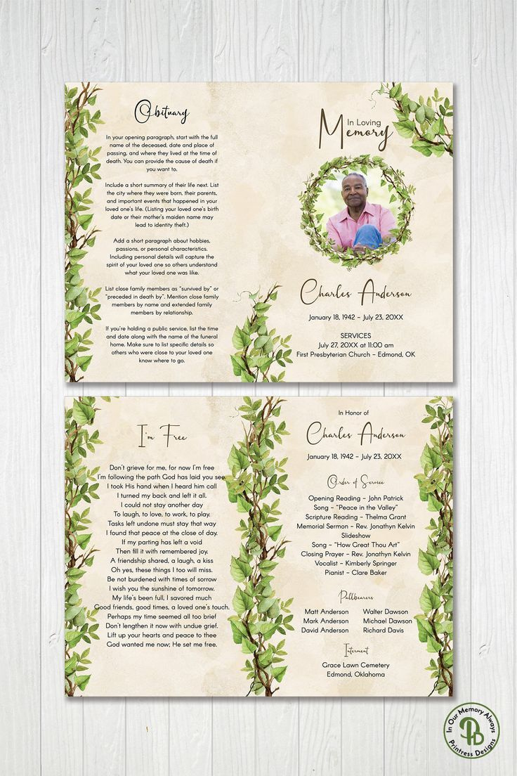 Greenery Vine Wreath Funeral Program Template, Printable inside Free Printable Celebration of Life Program Template
