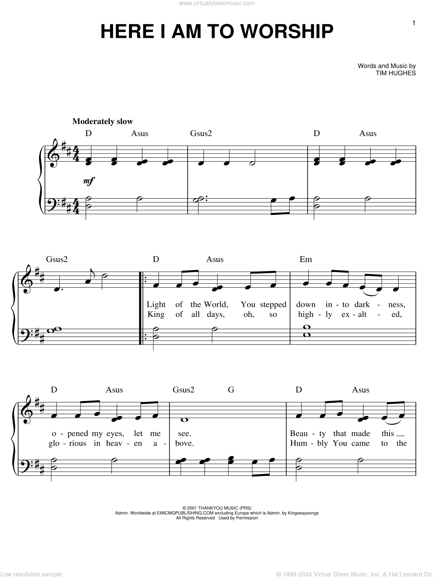 Here I Am To Worship Sheet Music (Easy Version 2) For Piano Solo with Free Printable Christian Sheet Music