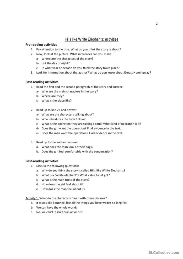 Hills Like White Elephantsernest…: English Esl Worksheets Pdf within Hills Like White Elephants Line Numbers