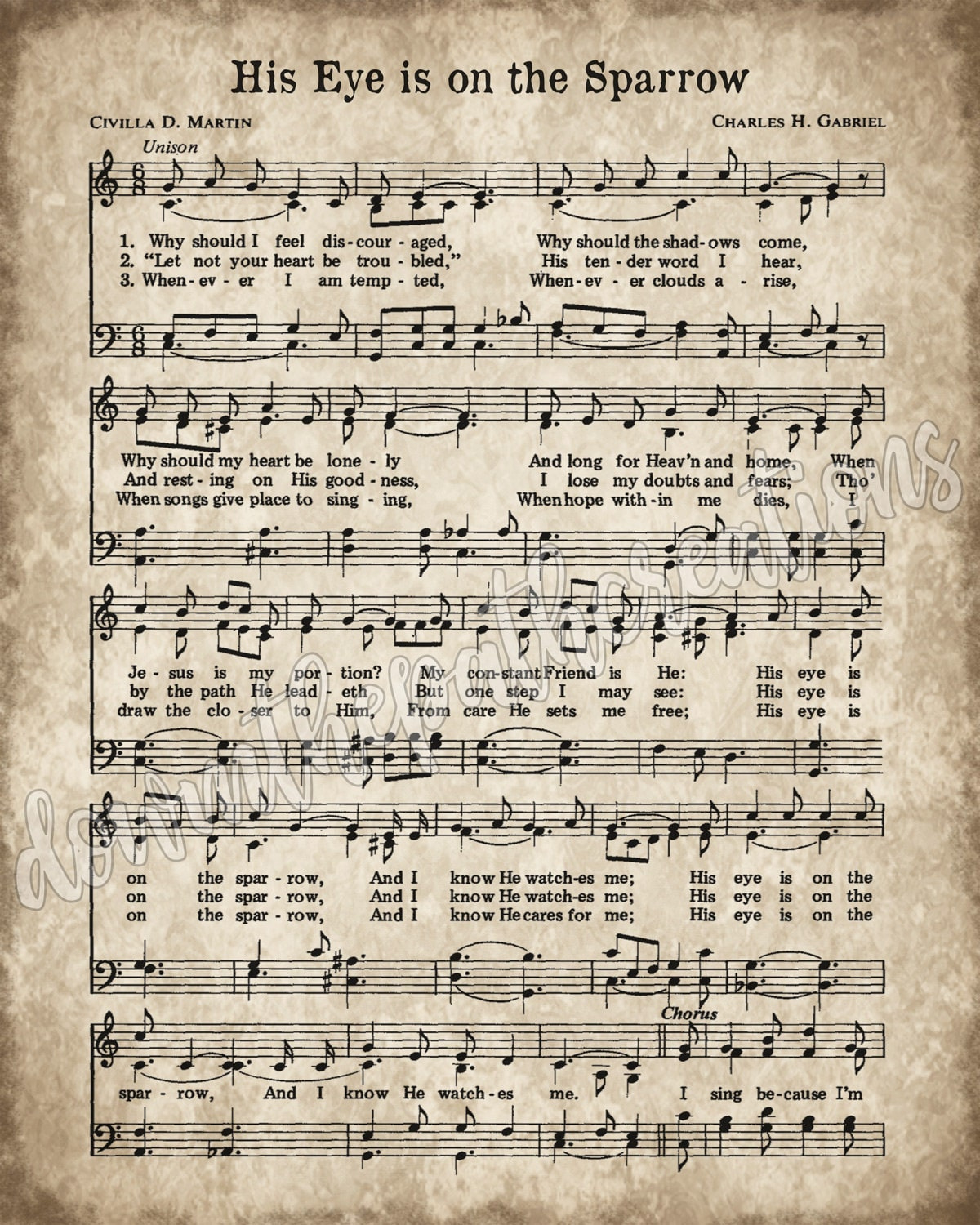 His Eye Is On The Sparrow Print, Printable Vintage Sheet Music with regard to His Eye Is On The Sparrow Free Printable Sheet Music