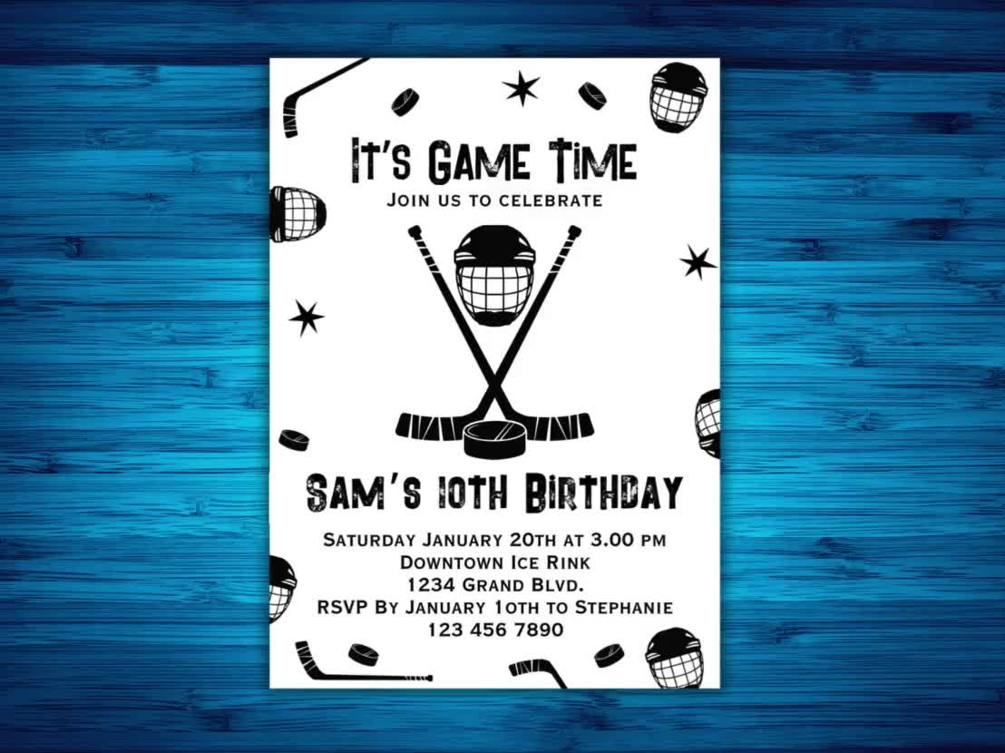 Ice Hockey Birthday Party Invitation, Ice-Skating Invite, Canva Template, Kids Hockey Bday Party Printable, Double Sided Winter Skating with Hockey Birthday Party Invitations Templates Free