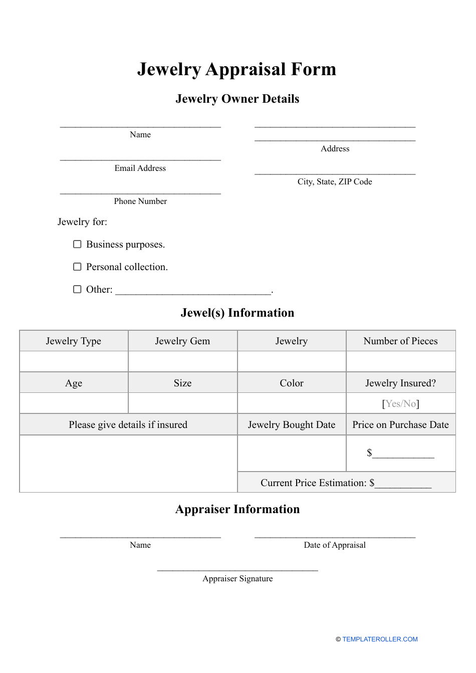 Jewelry Appraisal Form - Fill Out, Sign Online And Download Pdf intended for Free Printable Jewelry Appraisal Form