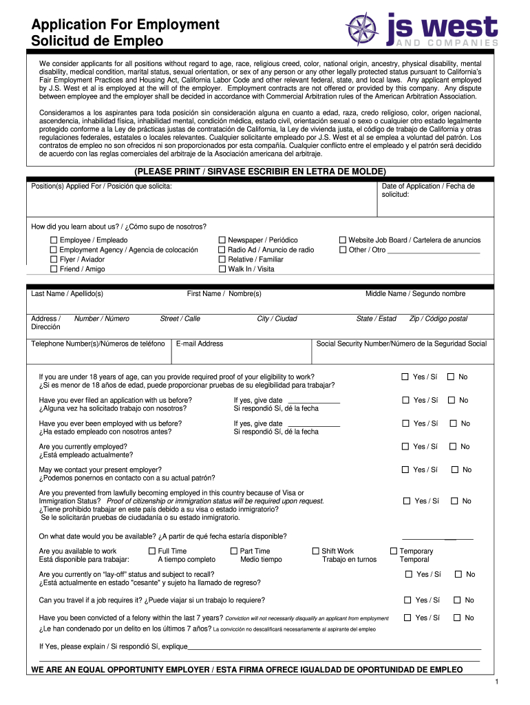 Js West Application For Employment Form - Fill Online, Printable pertaining to Free Printable Spanish Job Application Form