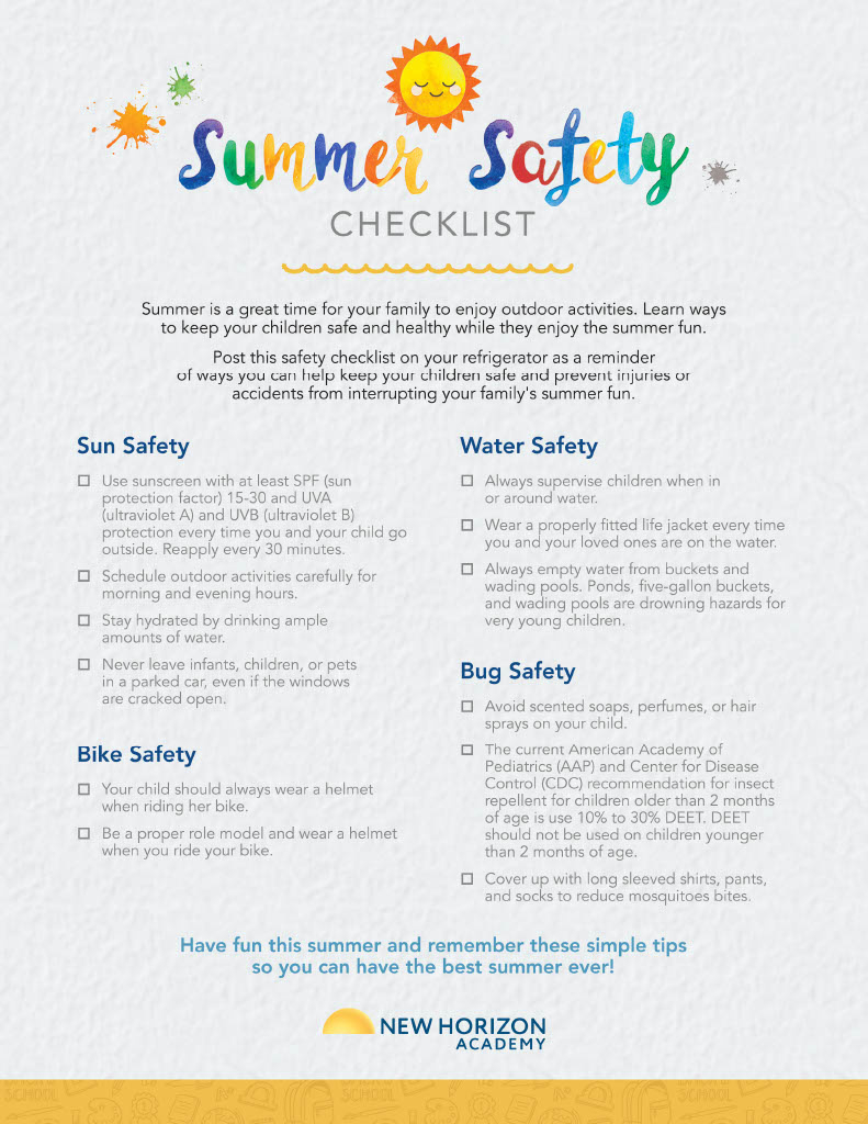 Kids Summer Safety Checklist - New Horizon Academy for Free Printable Summer Safety Worksheets