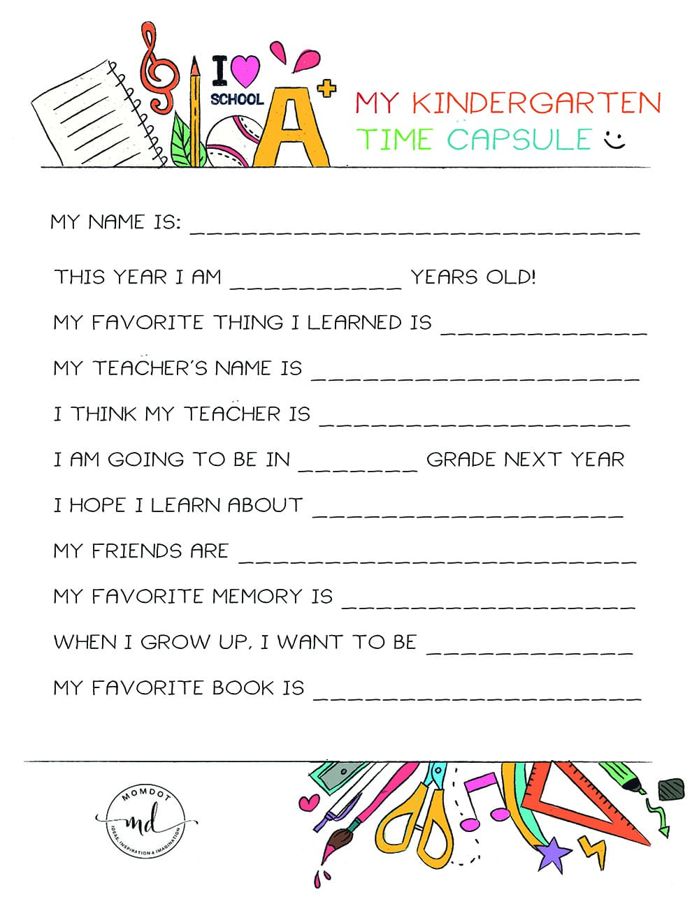 Kindergarten Time Capsule Free Printable - Momdot throughout Free Time Capsule Printables