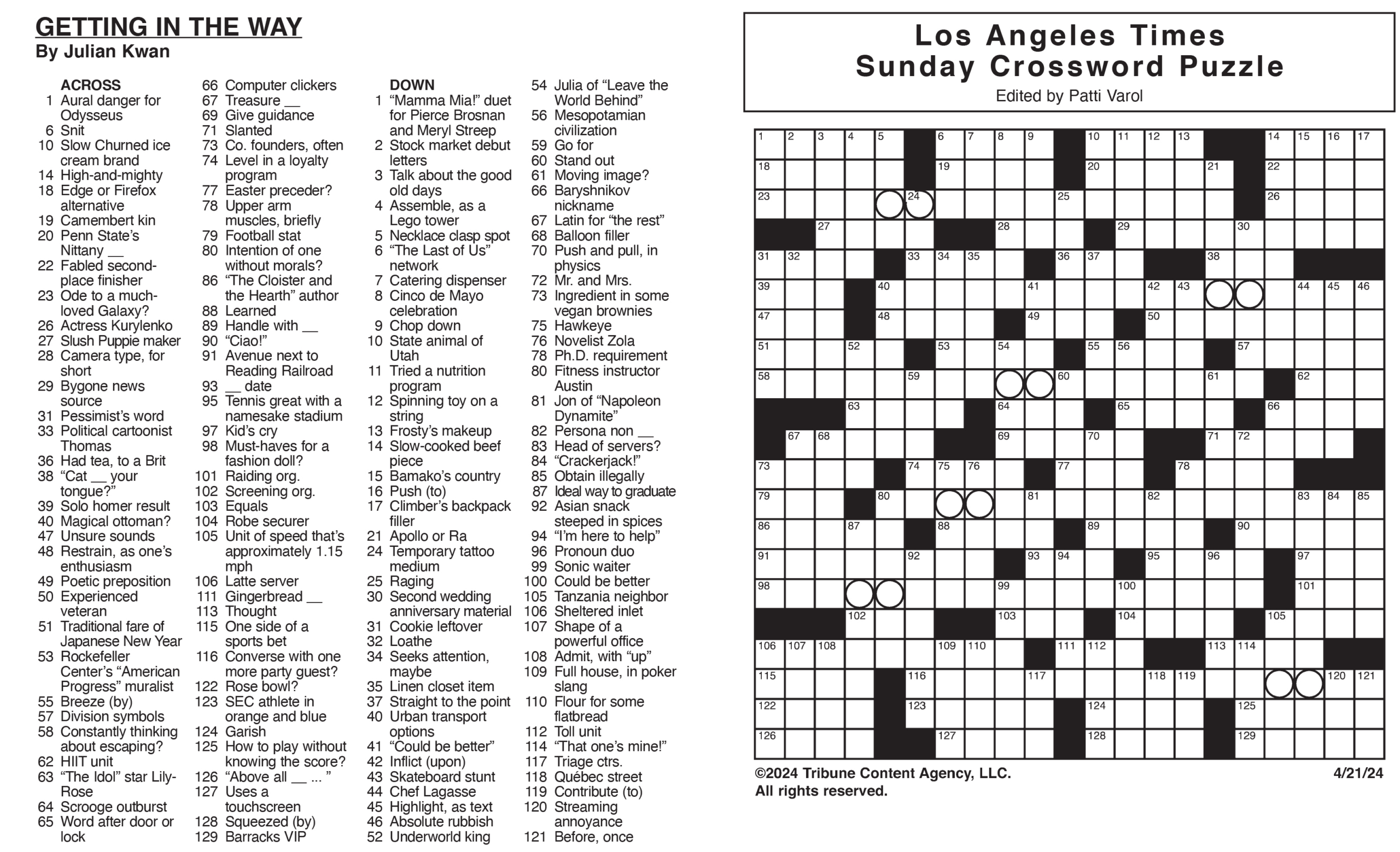 Los Angeles Times Sunday Crossword Puzzle | Tribune Content within Free Printable La Times Crossword