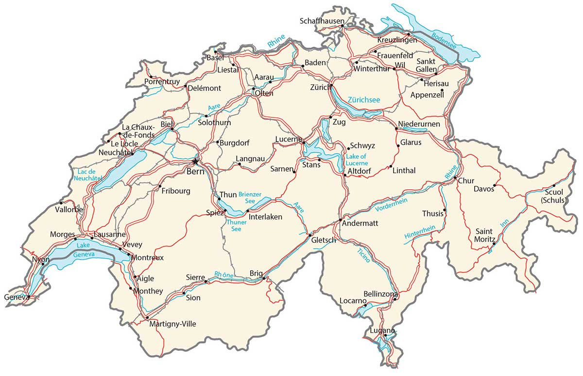 Map Of Switzerland - Cities And Roads - Gis Geography in Free Printable Map Of Switzerland