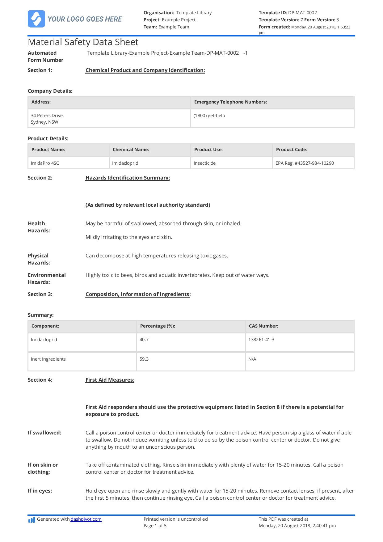Material Safety Data Sheet Template: Download For Free with Free Datasheet Template