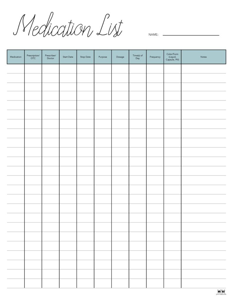 Medication List Templates - 25 Free Printables | Printabulls inside Free Printable Medicine List
