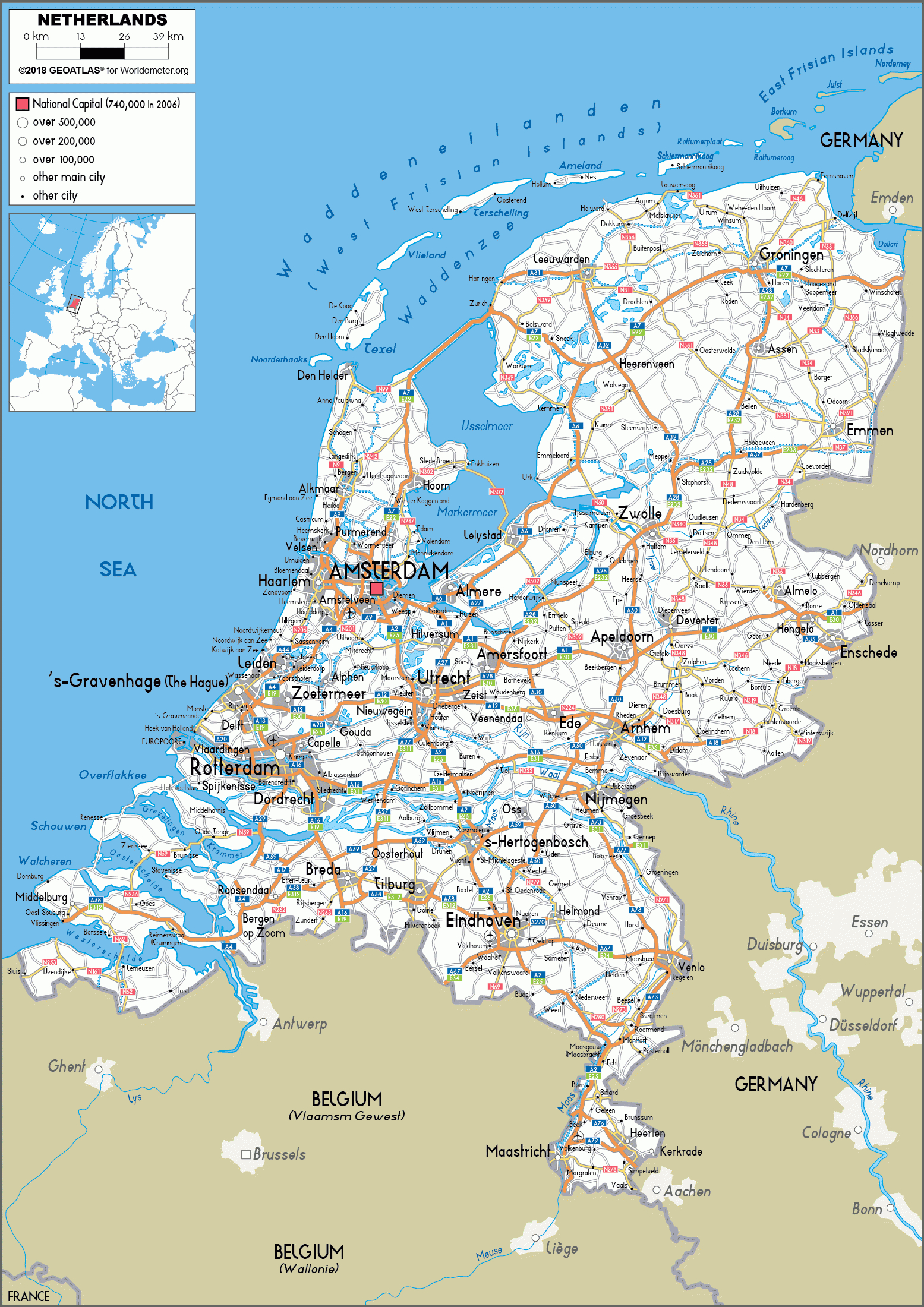 Netherlands Map (Road) - Worldometer throughout Free Printable Road Map Of The Netherlands