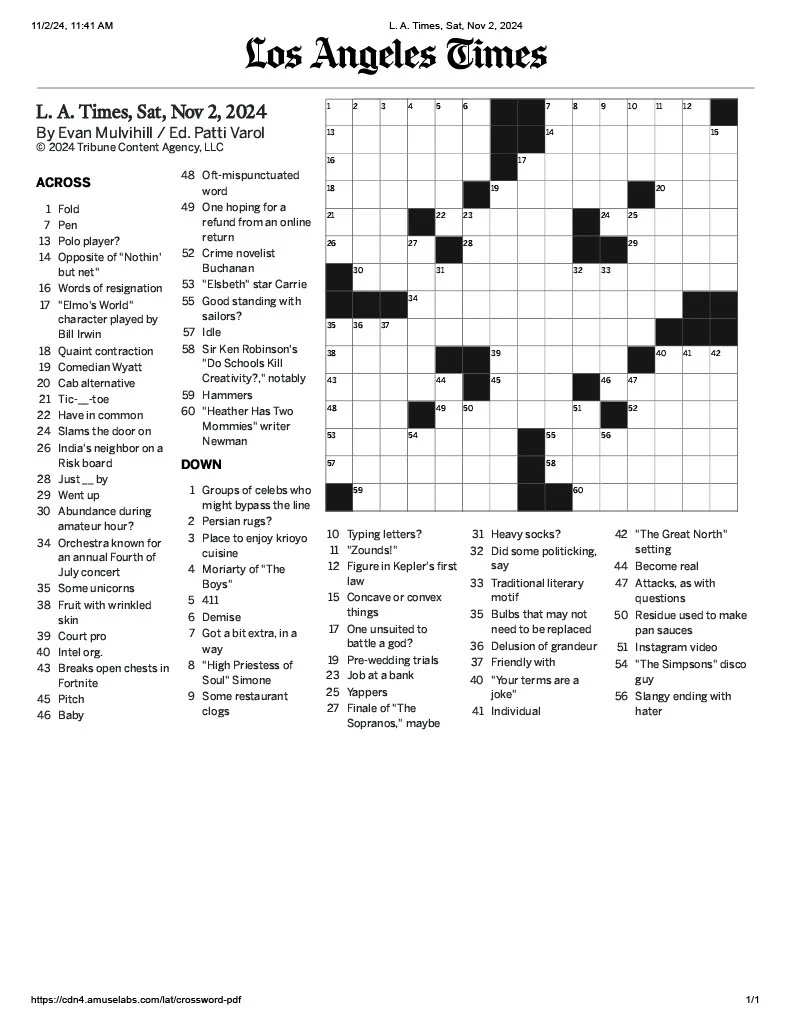 New Crossword Published In The La Times Today! (Saturday, November within Free Printable La Times Crossword