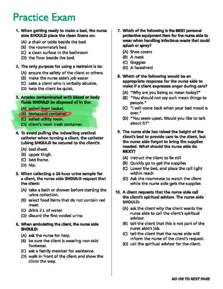 Free Printable Cna Practice Test with Answers