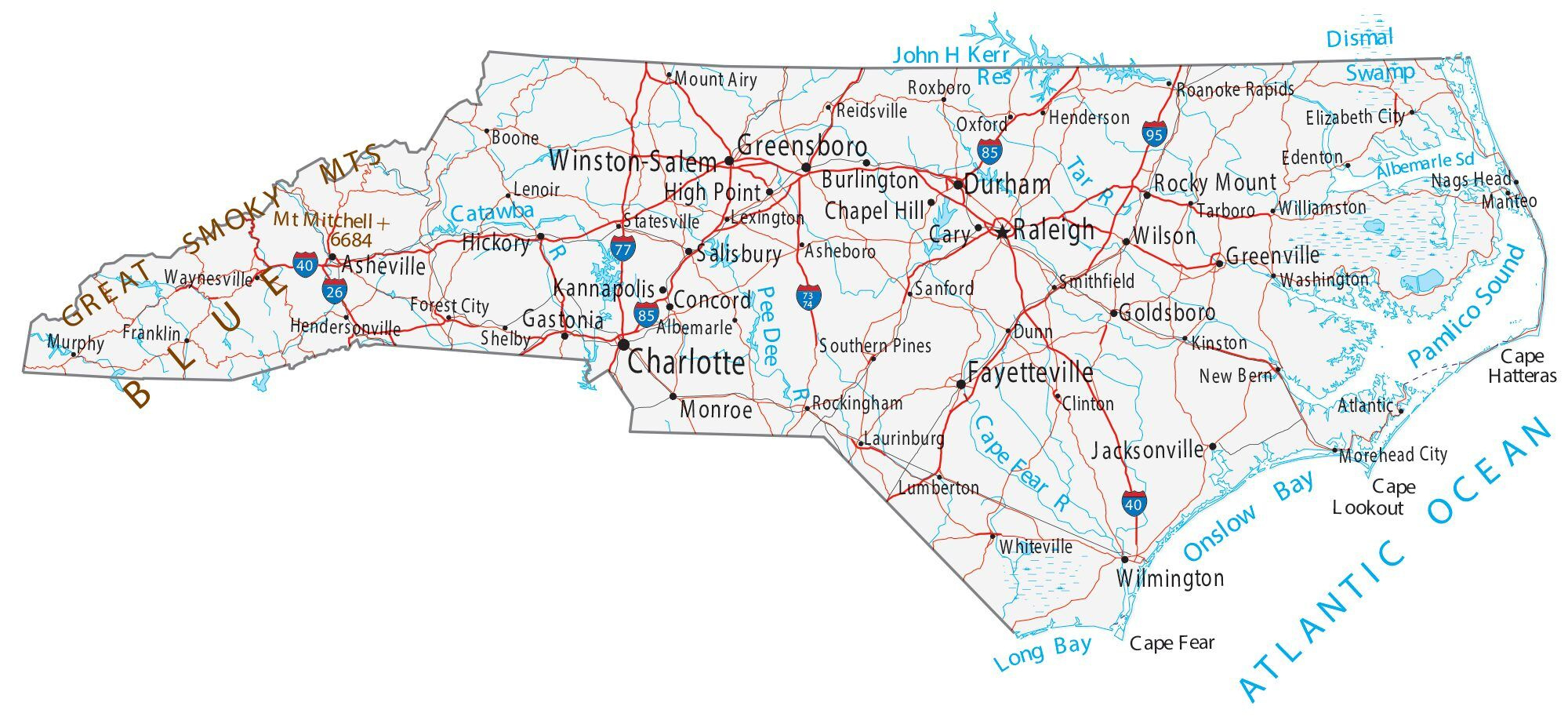 North Carolina Map - Cities And Roads - Gis Geography intended for Free Printable North Carolina Map