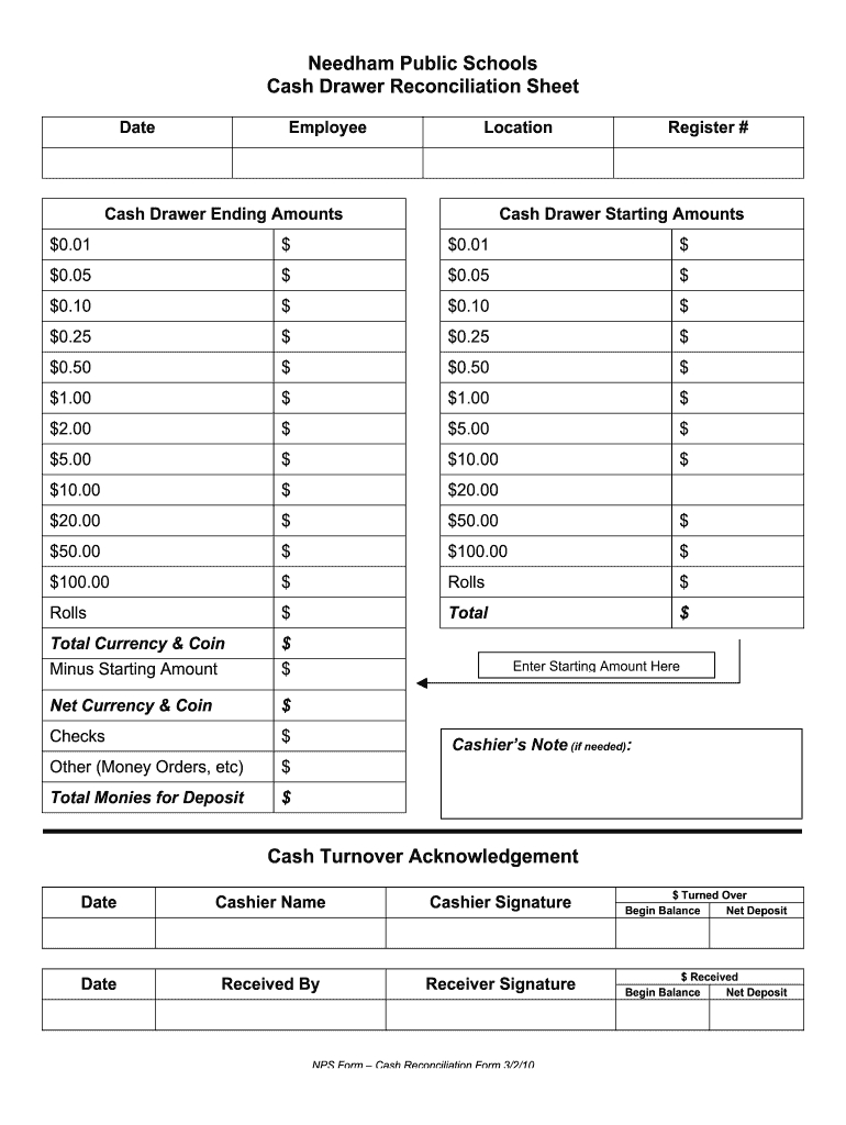 Nps Cash Drawer Reconciliation Sheet Form - Fill Online, Printable pertaining to Free Printable Daily Cash Register Closing Sheet