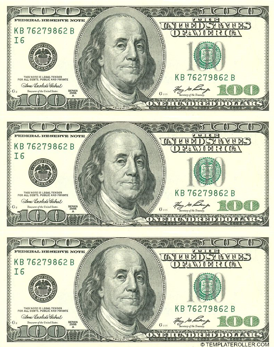 One Hundred Dollar Bill Template - Front Download Printable Pdf within Free Printable 100 Dollar Bill