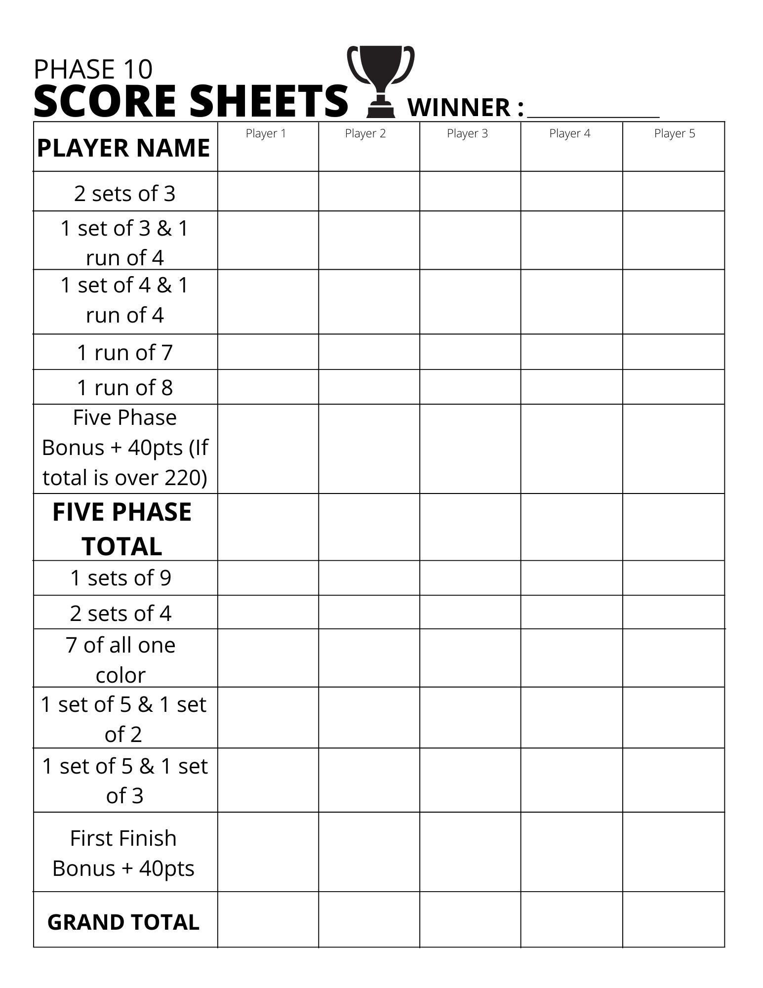 Phase 10 Card Game Printable Score Sheet, Phase Ten Scoresheet inside Free Printable Phase 10 Card Game Score Sheet