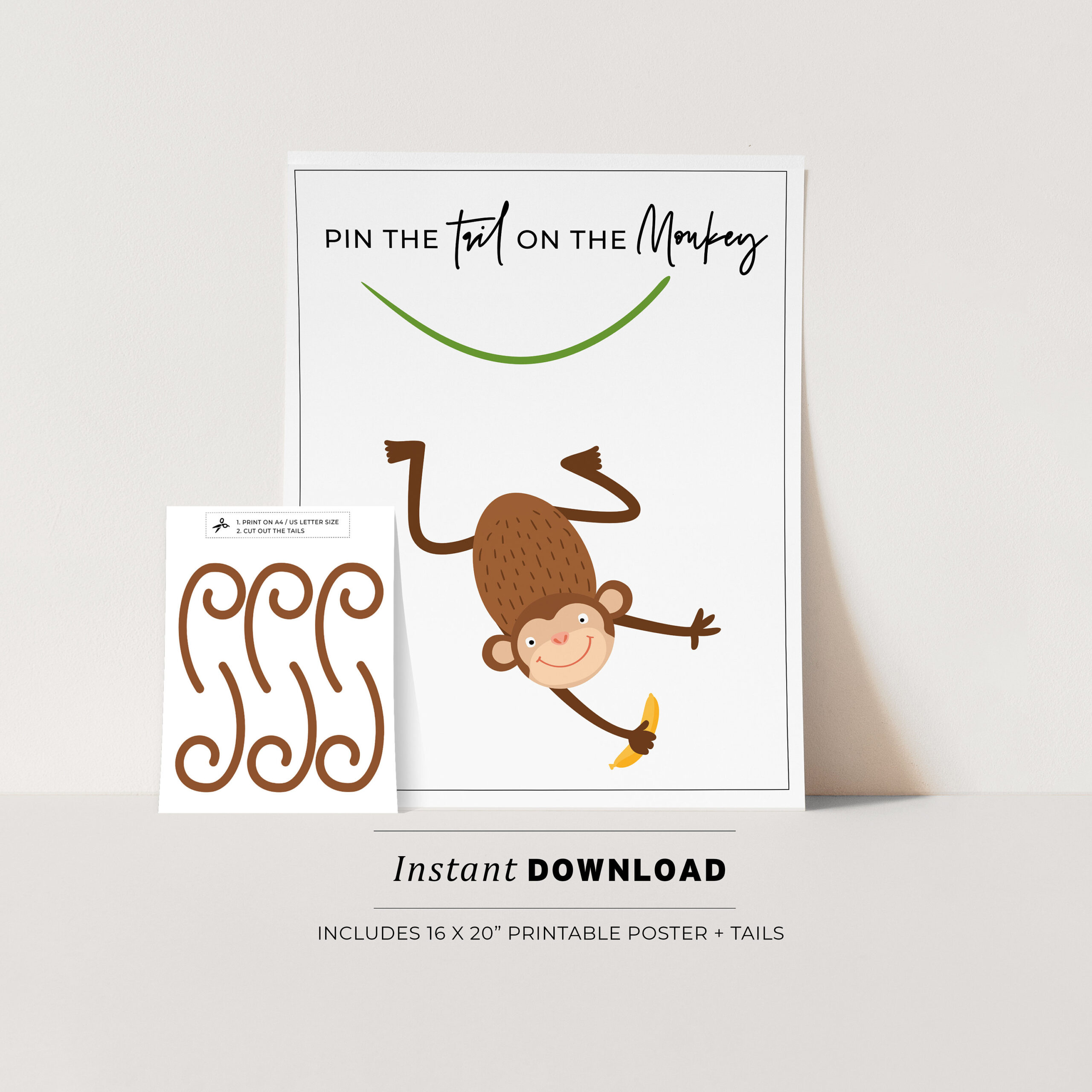 Pin The Tail On The Monkey Kids Party Game Printable Poster in Pin the Tail on the Monkey Free Printable