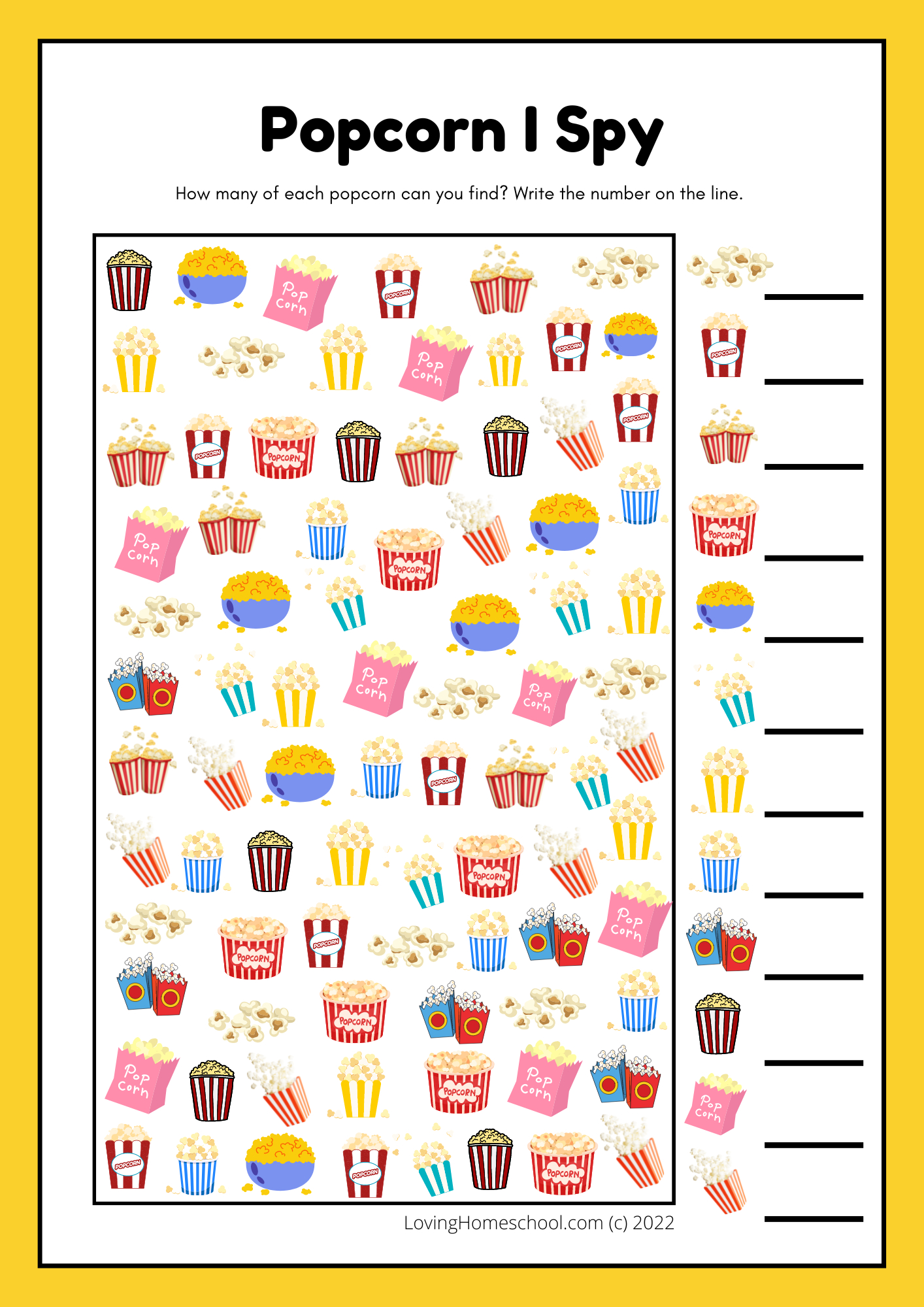 Popcorn I Spy Printable - Lovinghomeschool in Free Popcorn Printables