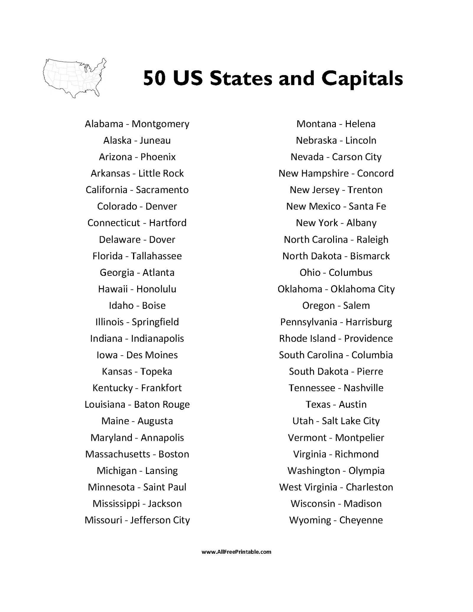Print 50 States And Capitals List – Free Printable regarding Free Printable List of States and Capitals