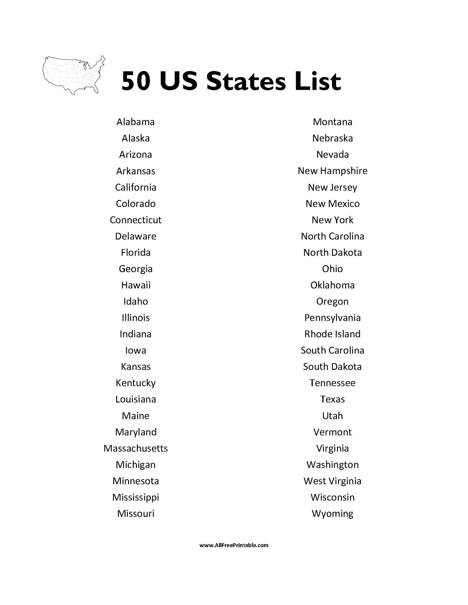 Print 50 States List – Free Printable inside Free Printable List Of 50 States